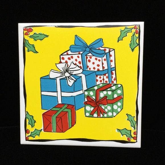 4 Christmas Tiles Set Reindeer Gifts Sleigh Xmas Tree Ceramic Cork Back Portugal - Picture 3 of 7